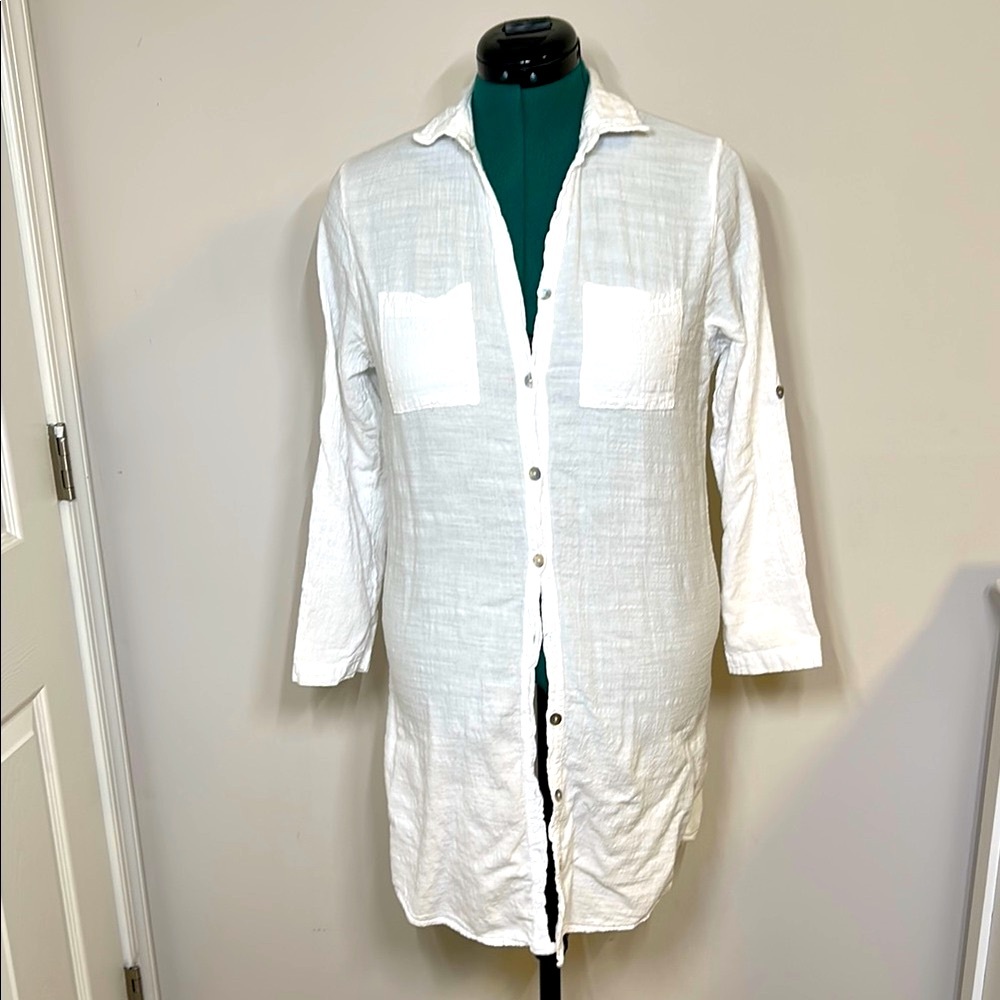 Surfstyle Resort White Cotton Linen Shirt Beach Cover Up Size L